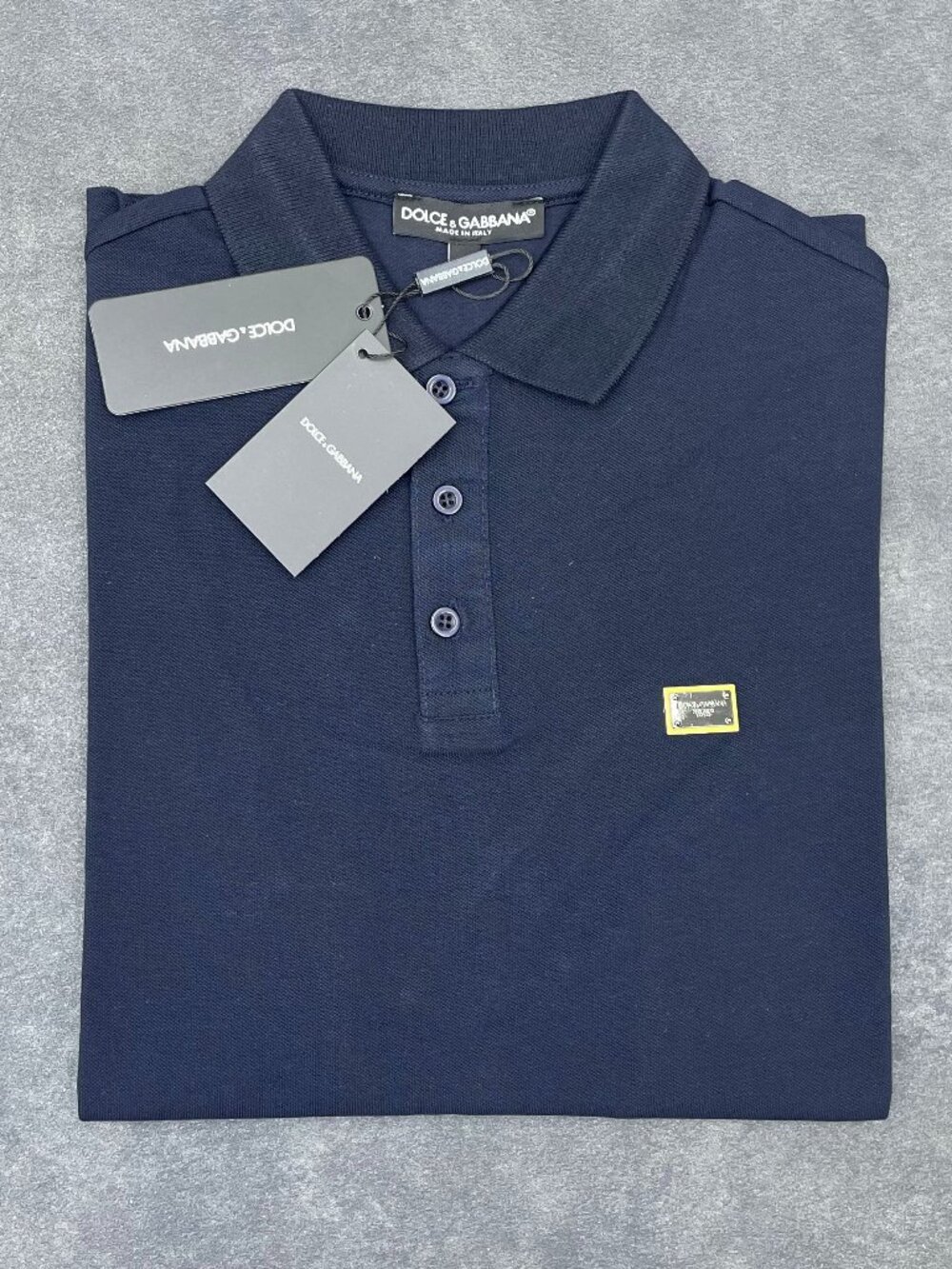 Dolce & Gabbana Men’s Navy Blue Polo Shirt Logo Plaque- Size Medium